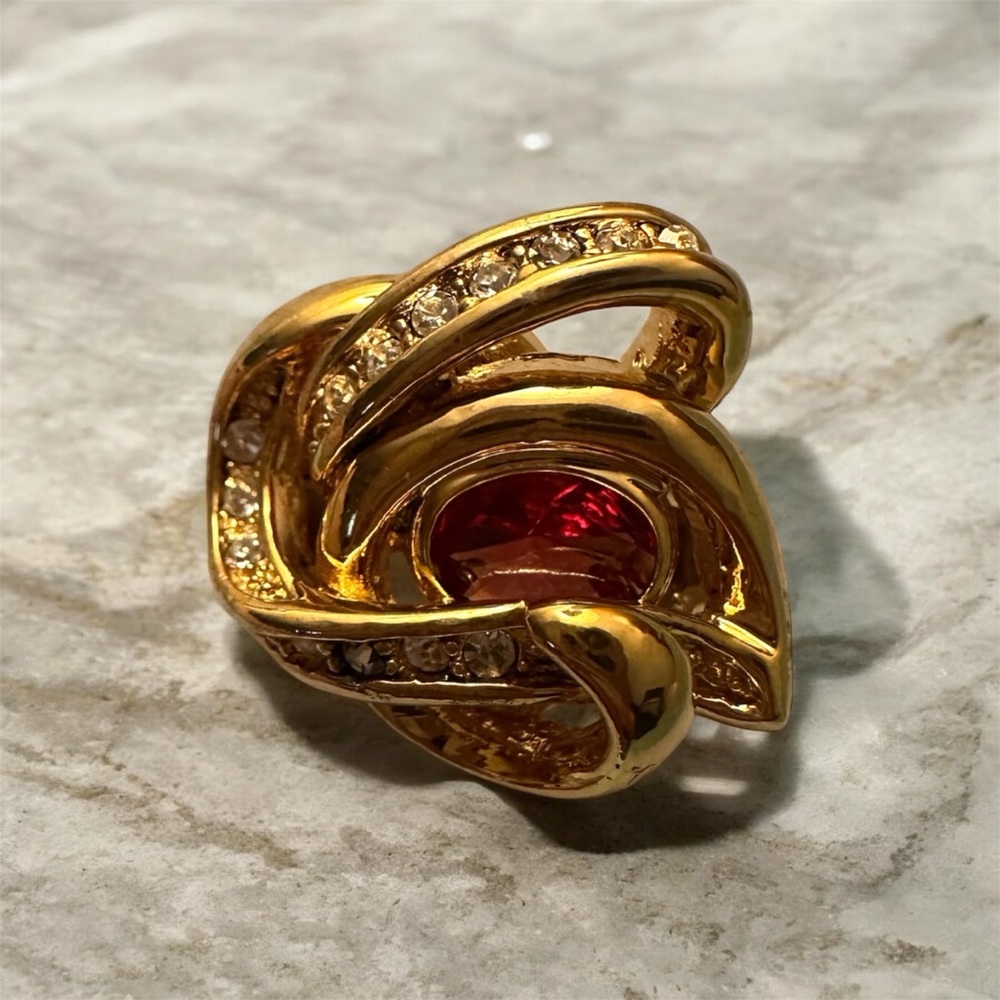 Gold-Tone Ring with Red Center Stone and Clear Accents